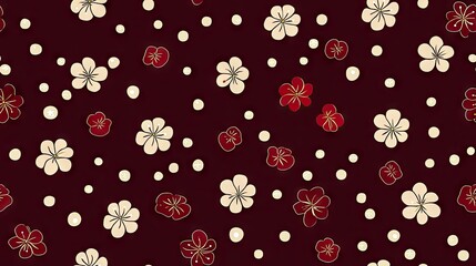Red and white flowers seamless pattern, dark background, design textile