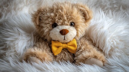 Plush teddy bear, yellow bow tie, fluffy background, product shot