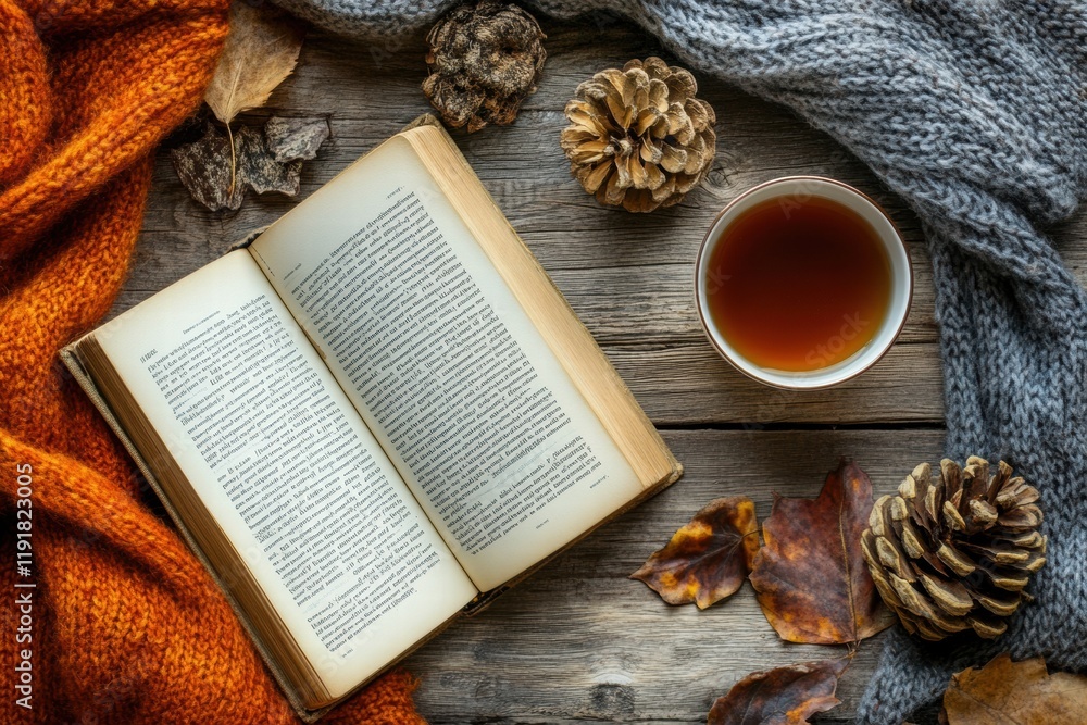 Aufkleber Cozy reading setup with an open book and a cup of tea on a wooden table surrounded by autumn elements. Generative AI