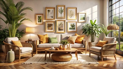 Rattan Seating Area, Living Room Mockup, Chic Picture Frames, Cozy Home Decor, Interior Design Photography