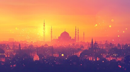 Sunset over Middle Eastern city, mosque silhouette, warm glow, peaceful evening, travel poster
