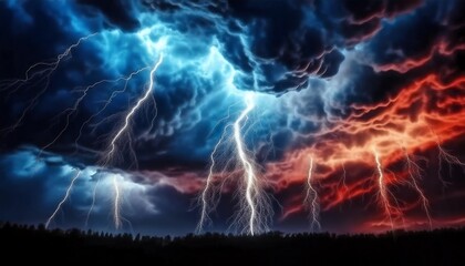 A dramatic sky showcases vivid lightning strikes amidst dark, swirling clouds, highlighting the raw power of a storm.