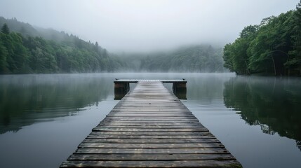 Fototapeta premium A serene wooden dock extends into a misty lake surrounded by lush greenery.