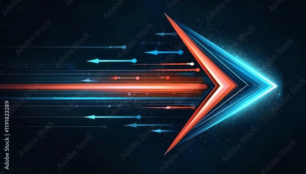 Poster a dynamic, futuristic arrow design with red and blue hues, symbolizing speed and direction against a
