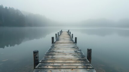 A serene wooden pier extends into a foggy lake, creating a tranquil atmosphere.