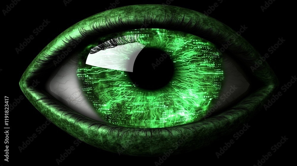 Poster glowing green eye with digital code in iris.