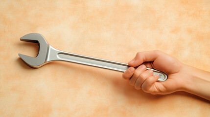Realistic Hand Holding Wrench Against Light Orange Background for Labour Day Concept. Ai generative