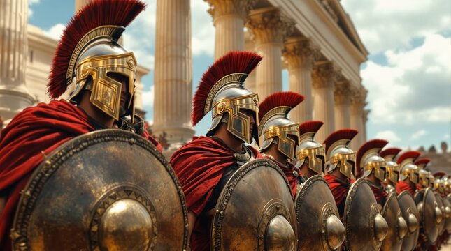 A legion of Roman soldiers stands proudly in formation, their gleaming helmets and shields reflecting the sunlight against a majestic ancient temple backdrop.