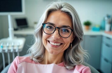 Cheerful senior female patient sits in dental chair. Wears glasses, smiles broadly. Dental office setting visible. Woman looks happy, relaxed during dental check-up procedure. Healthy senior smiles