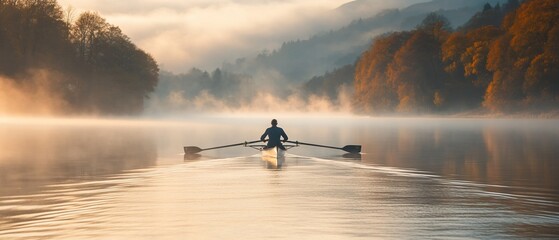 Solo rower on misty lake at dawn, autumn trees