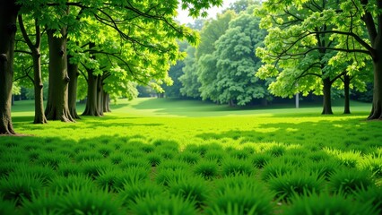 Obraz premium Sunlit leaves dapple a lush green field, framed by tree-lined borders; nature's serene embrace in every beam of light