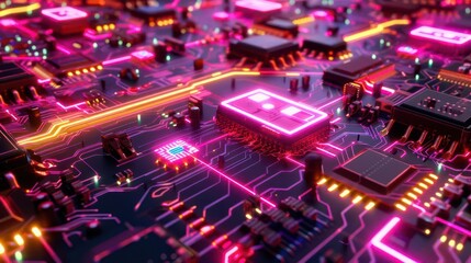 Fototapeta premium A vibrant close-up of a circuit board with neon lights and intricate electronic components.