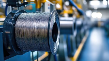 Obraz premium Precision Engineering - Close-up of Shiny Metallic Wire Spools in Clean Factory Setting