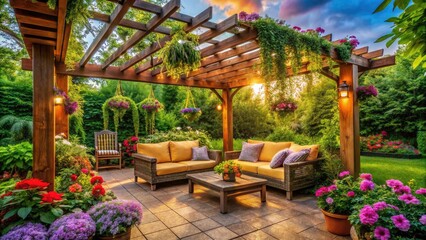 Serene Garden Patio: Long Exposure Photography, Lush Greenery, Pergola Relaxation, Outdoor Seating, Tranquil Landscape