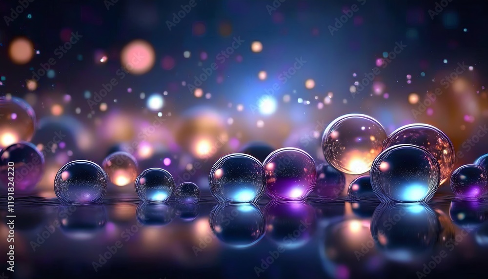 Poster a mesmerizing array of colorful bubbles reflecting light against a dark backdrop, creating a dreamy 