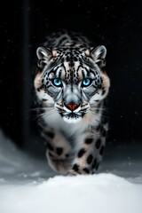 Obraz premium Snow leopard walking through a snowy landscape with glowing blue eyes, its fur detailed with snowflakes.