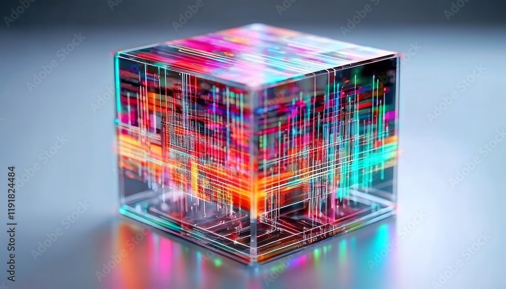 Poster a colorful, illuminated cube with intricate patterns, showcasing a blend of digital aesthetics and m