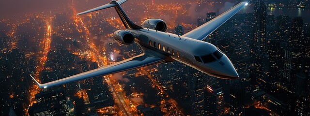 Naklejka premium Private jet soaring over a vibrant city skyline at night