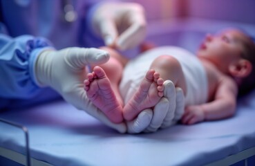 Doctor carefully holds newborn baby feet in NICU. Medical care of premature infant. Doctor examines tiny feet. Hospital setting. New life begins. Special care for newborn. Health care professionals.