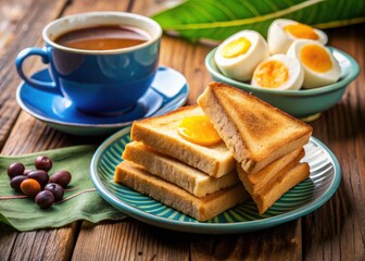 Singapore Kaya Toast Breakfast - Half Boiled Eggs & Butter Toast - Delicious Asian Cuisine Food Photography