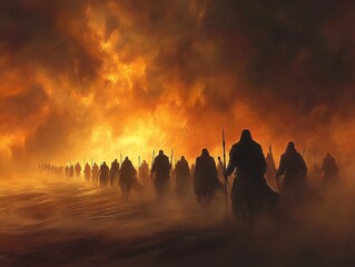 Fototapeta premium Silhouetted warriors march towards a fiery horizon. An apocalyptic scene of conflict and destruction.