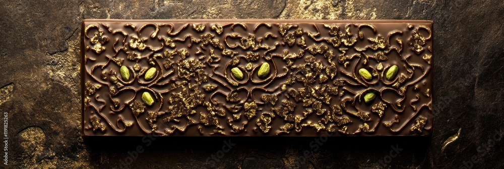 Poster pistachio filled chocolate bar with intricate arabesque patterns and golden accents. generative ai