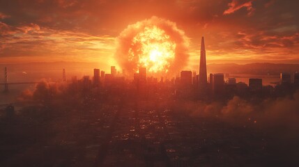 Fototapeta premium A massive explosion illuminates skyline at sunset, creating a dramatic and apocalyptic scene.