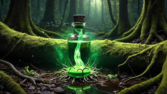 Enchanted Forest Potion: A Mystical Elixir in a Glass Bottle