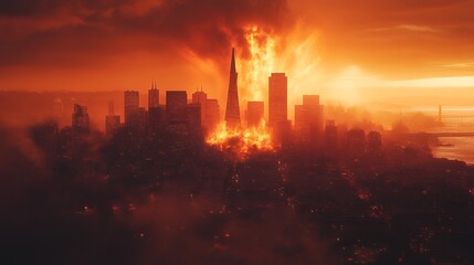 A fiery sunset, as a catastrophic fire engulfs the cityscape. Buildings are ablaze and smoke fills the air.