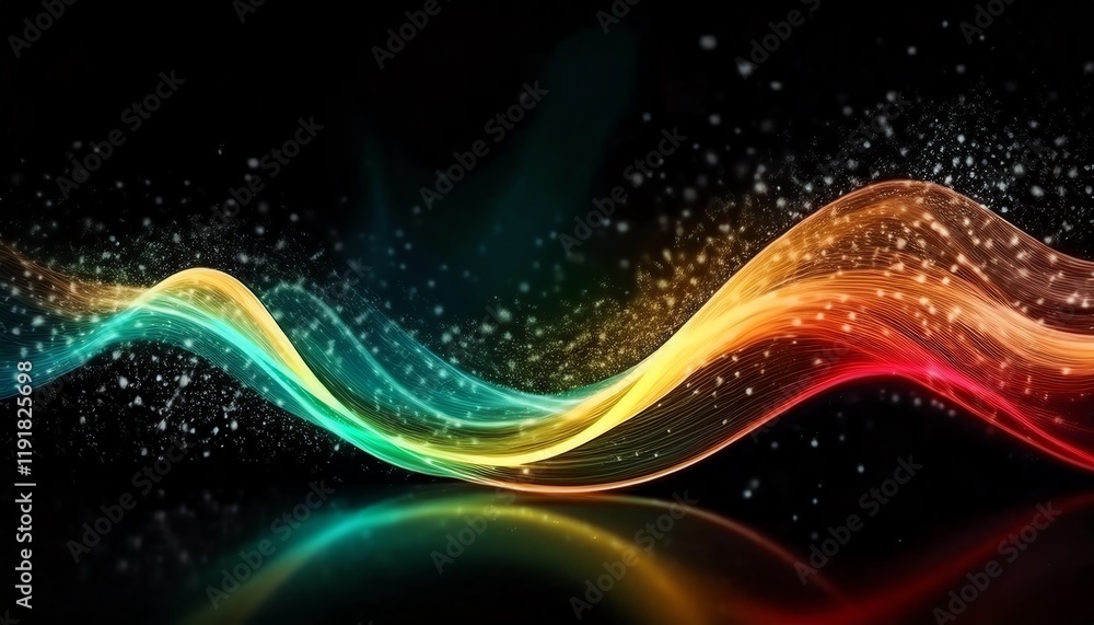 Poster a vibrant, flowing wave of colors against a black background, creating a dynamic and energetic visua