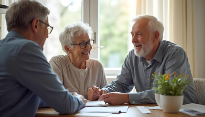 Elderly couple discussing health insurance with advisor, smiling and engaged