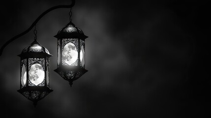 Ramadan lanterns, moonlit night, celebration, dark background, greeting card