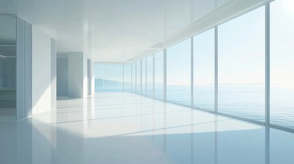 Obraz premium Serene Coastal Minimalist Room Design: Ocean View Office Space