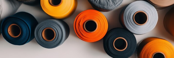 Many colorful thread spools are arranged on a white surface, creating a vibrant and inspiring scene for sewing, tailoring, or fashion design projects