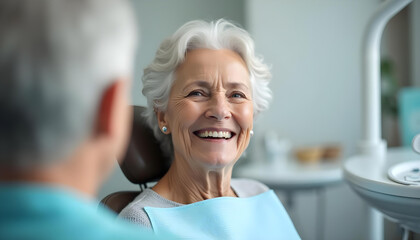 Obraz premium Happy elderly woman smiling at dentist, showcasing her beautiful teeth
