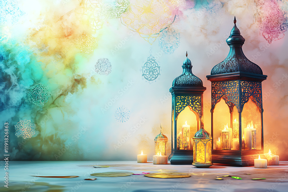 Aufkleber elegant lanterns illuminate a colorful background, creating a serene atmosphere.