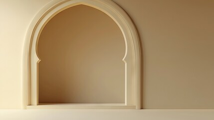 Fototapeta premium Beige archway interior, empty niche, sunlit wall, minimalist design, product display