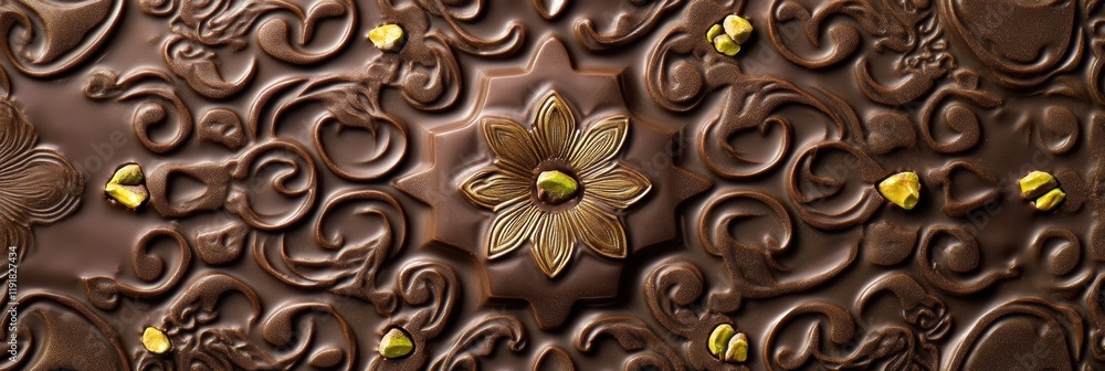 Poster Indulge in a pistachio filled chocolate bar adorned with intricate arabesque patterns and elegant golden accents. Generative AI