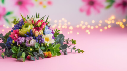 Fototapeta premium Colorful Spring Flower Bouquet on Pink Background with Lights