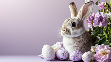 Rabbit with Easter Eggs and Flowers, Light Purple Background, Extra Space for Text. ai generative