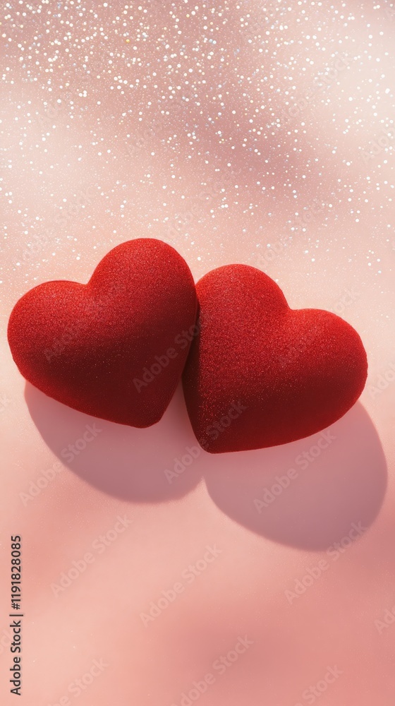 Poster two textured red hearts lie on a pink surface, casting shadows under a romantic shower of sparkling 