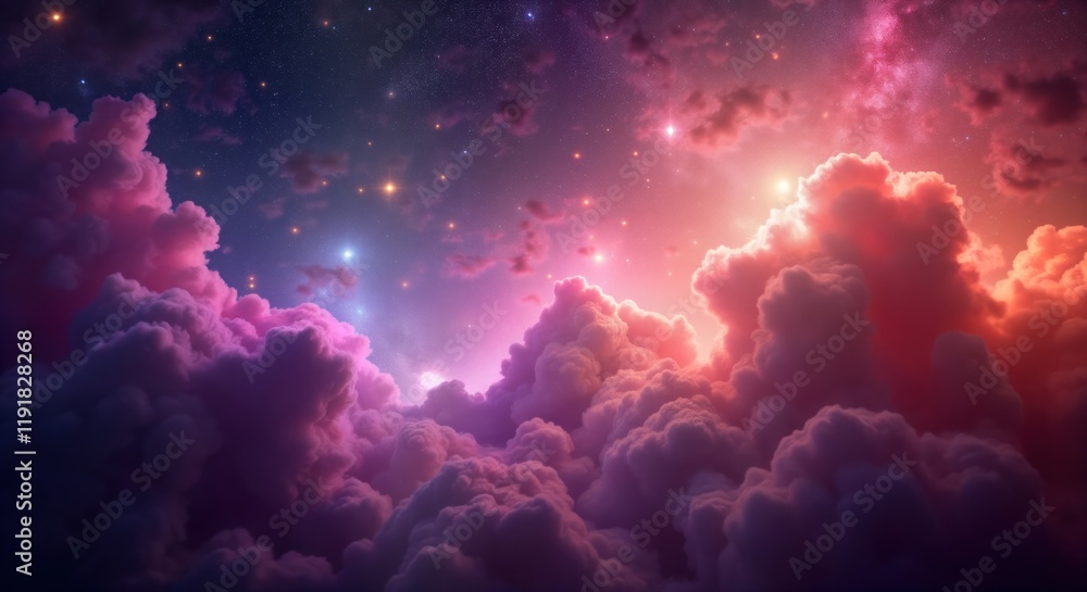 Poster mystical space clouds with soft light. vivid cosmic colors fill sky. abstract galaxy background with