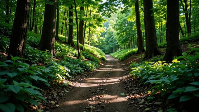 A serene, sunlit dirt path meanders through a lush forest, framed by dappled sunlight filtering through leafy canopies. Dew-kissed foliage whispers secrets as shadows dance alongside the tranquil trai