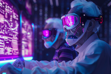 Senior man with VR google working on multiple holographic in command control center. Government digital service, military agency.