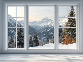 White window with snowy mountain landscape, orange-hued tree highlights, serene winter setting, wooden floor foreground, perfect for seasonal decor
