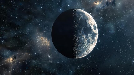 Obraz premium A detailed view of a moon in space surrounded by stars and cosmic elements.