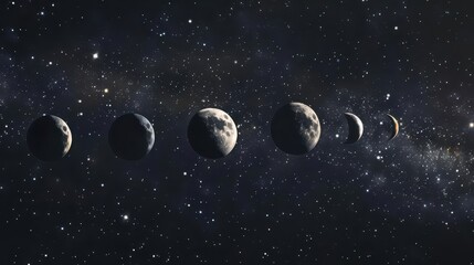 Naklejka premium A sequence of moon phases against a starry backdrop, illustrating lunar cycles.