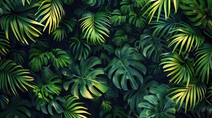 A dense arrangement of green tropical leaves creating a lush, vibrant background.