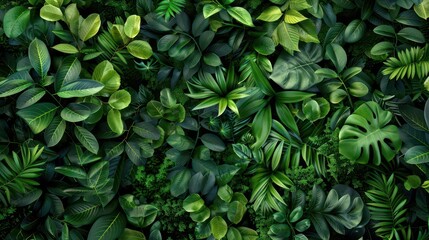 Obraz premium A lush arrangement of various green leaves creating a vibrant, natural background.