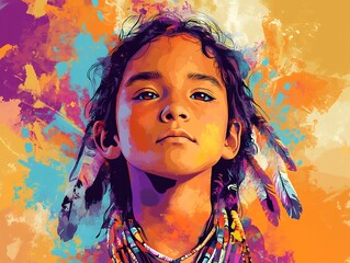 A striking digital painting of a child, adorned with feathers and vibrant jewelry, embodying cultural pride and hope.